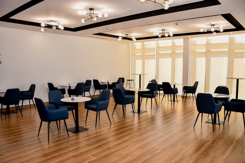The restaurant dining room with natural light