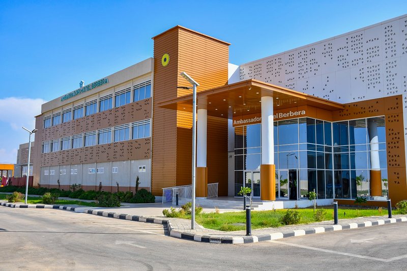 Main entrance of Ambassador Hotel Berbera with the hotel name above the canopy